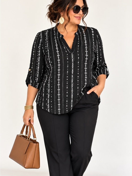 Zenobia Tops - Zenobia 3XL Plus Size Boho Geometric Blouse Black White Roll Tab Sleeve V Neck